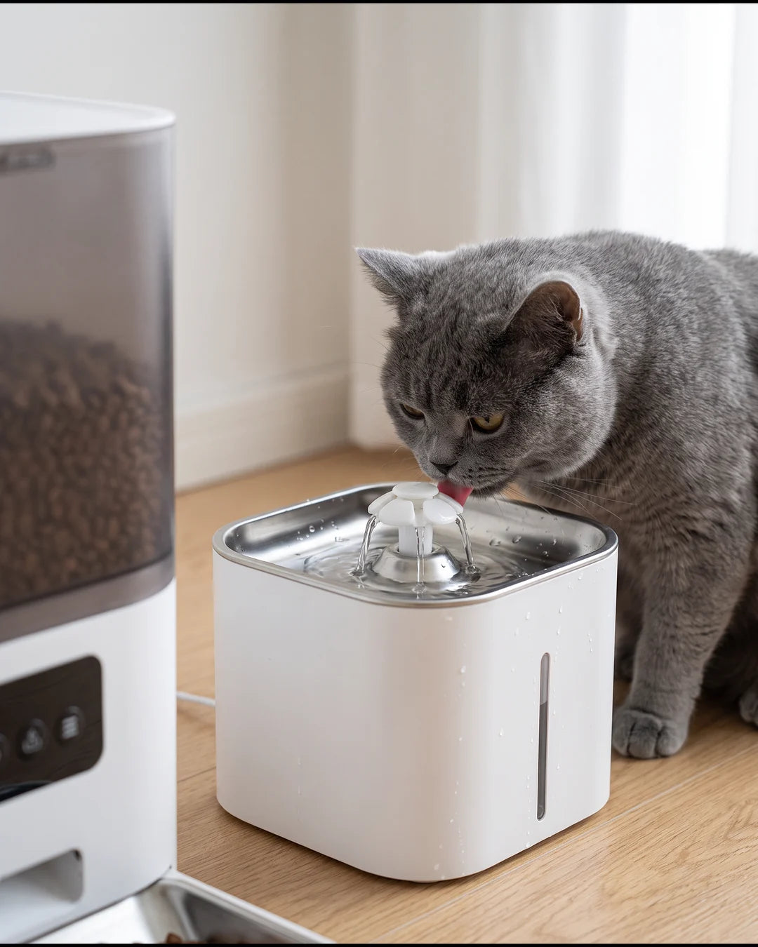 Un chat gris boit à la fontaine de Kiyohako Duo