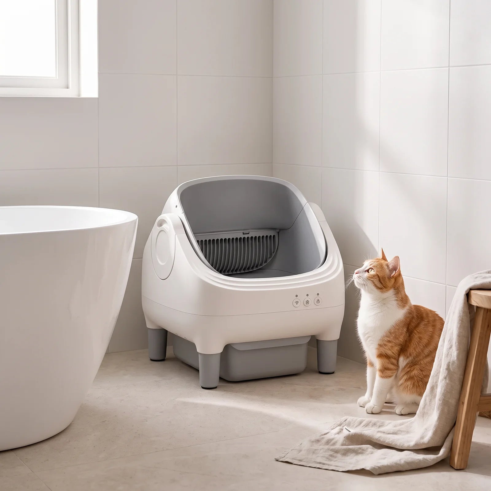 Kiyohako One dans un coin de salle de bain, un chat assis à côté